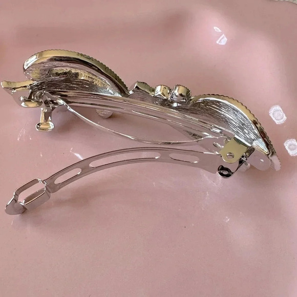 Light Green Enamel and Crystal Bow & Heart Hair Barrette - Picture 4 of 7